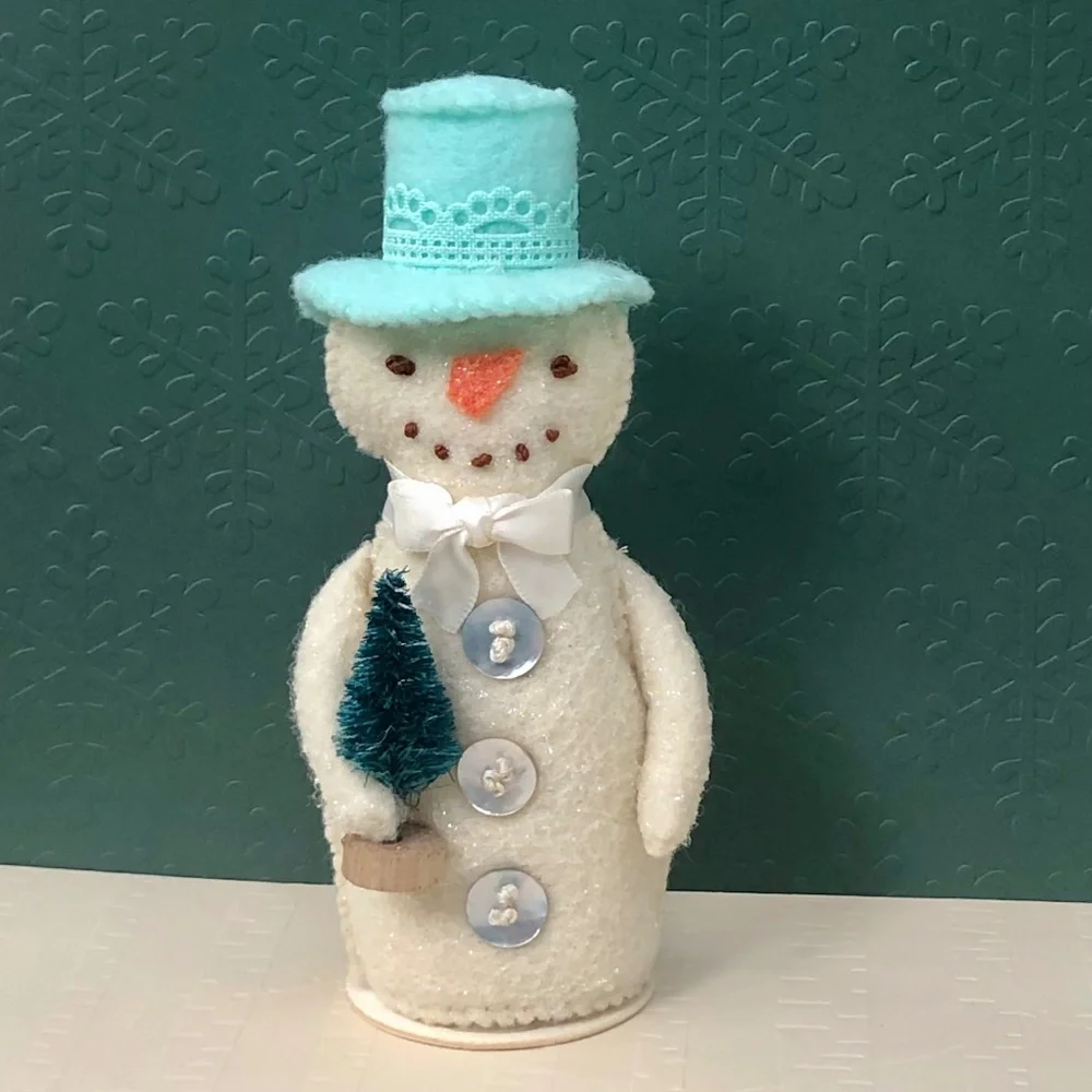 Snowman Art Doll Coastal Felt Hand-sewn aqua top hat handmade